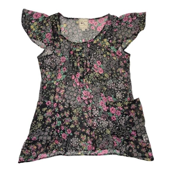 PINK ROSE Womens Sheer Boho Floral Top Large Black Multi Chiffon Slouch Pockets - Picture 3 of 16
